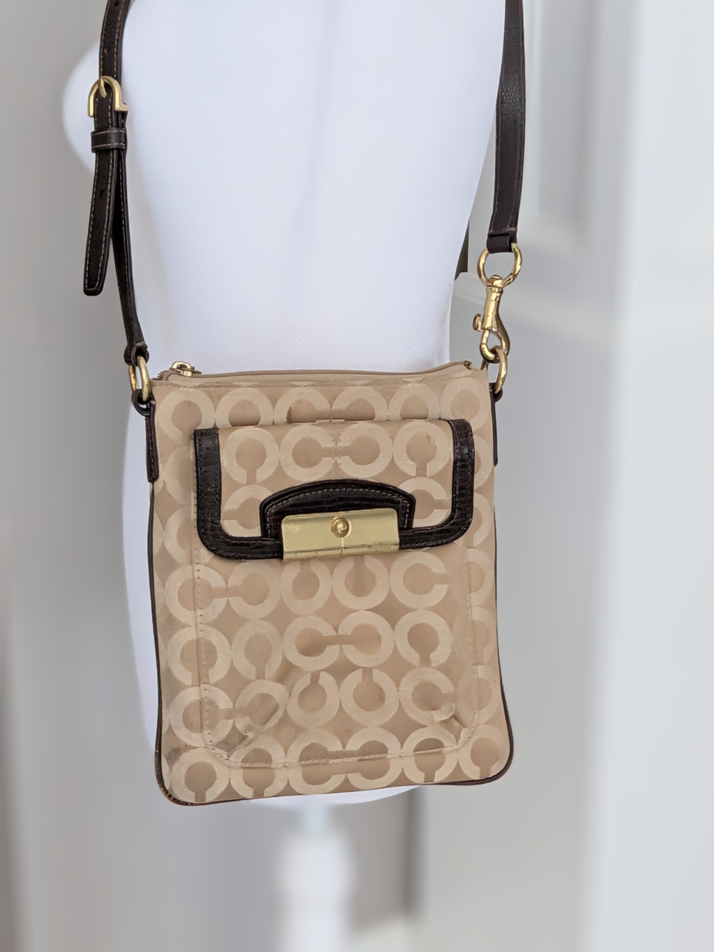 Coach Beige Signature Crossbody with Dark Brown Trim